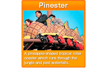 Pinester　A pineapple-shaped tropical roller coaster which runs through the jungle and past waterfalls.