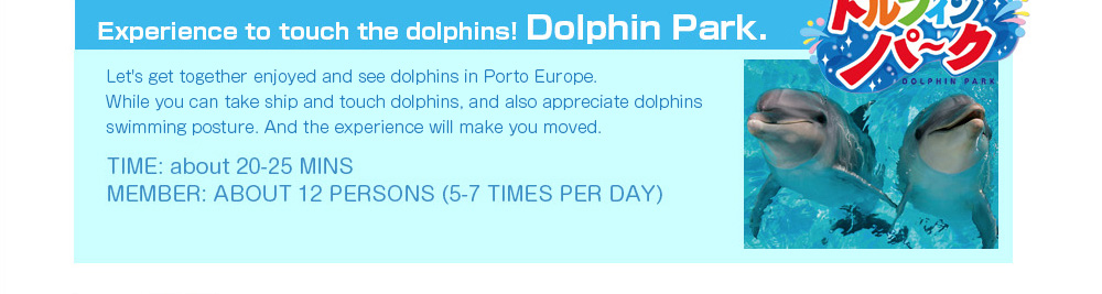 Experience to touch the dolphins! Dolphin Park.　Let's get together enjoyed and see dolphins in Porto Europe. While you can take ship and touch dolphins, and also appreciate dolphins swimming posture.　TIME: about 20-25 MINS    MEMBER: ABOUT 12 PERSONS (5-7 TIMES PER DAY)